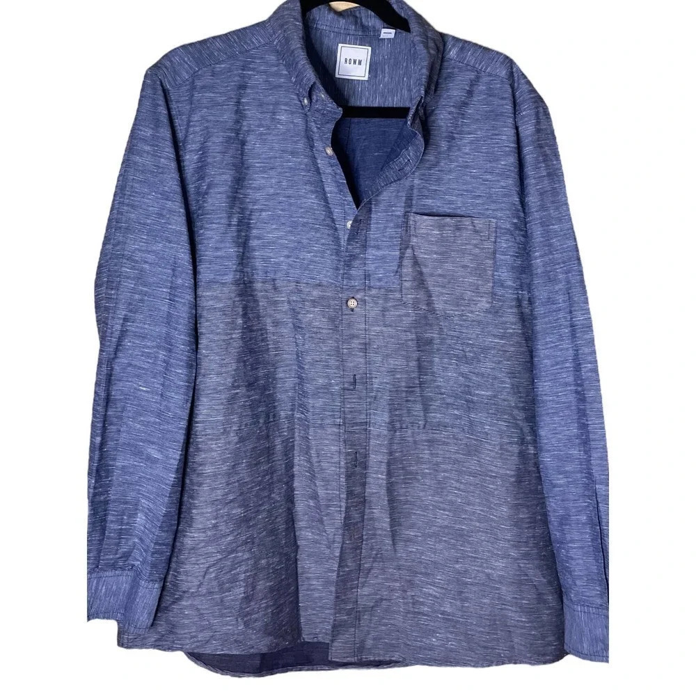ROWM Men's Chambray Colorblock Two-Tone Long Sleeve Shirt Size Large